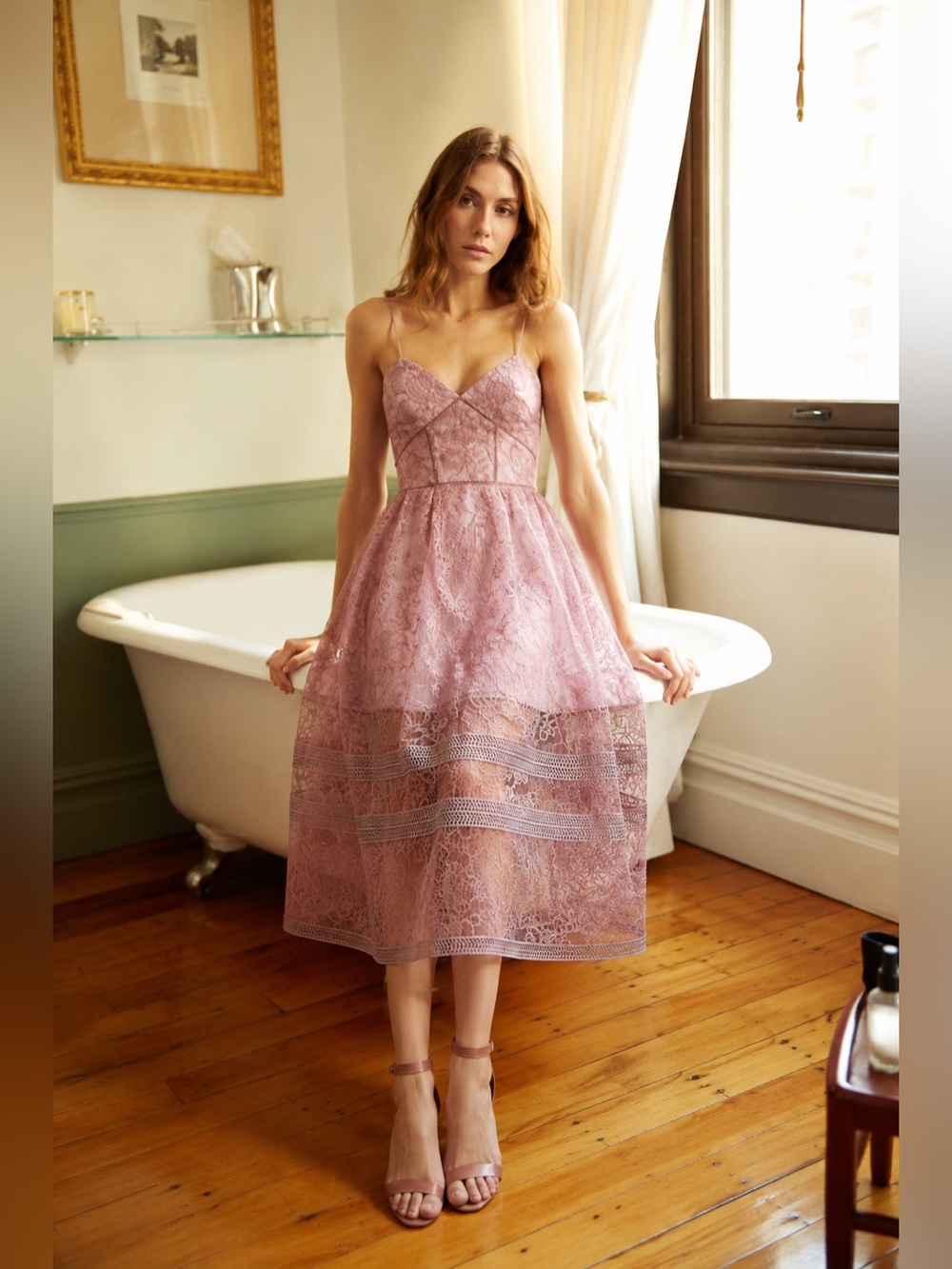 Self-Portrait Floral Guipure Lace Fit & Flare Midi Dress Dusty Pink Rose 💗size 6 - Picture 3 of 10